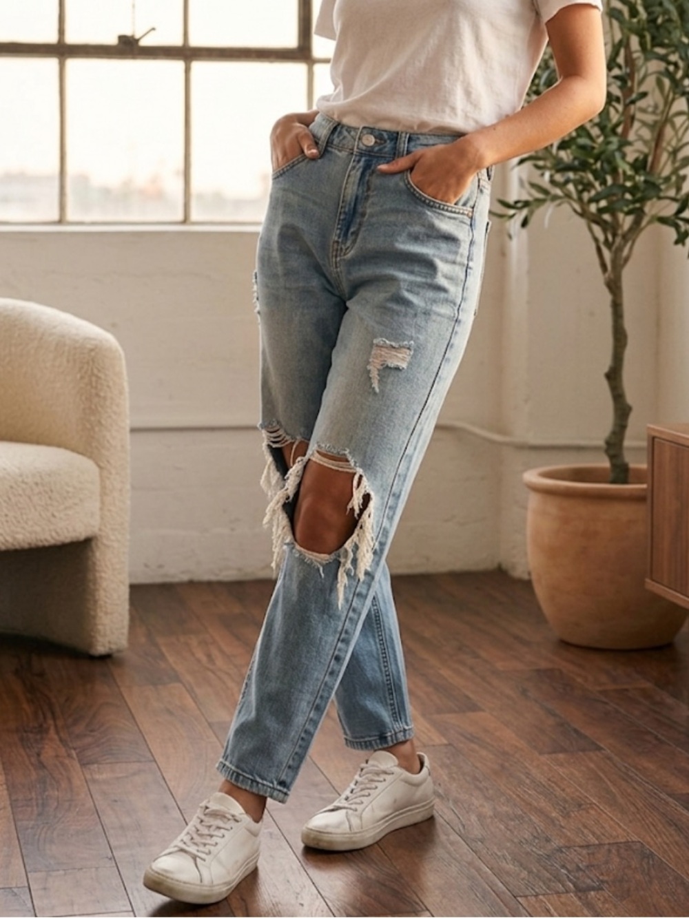 Wild Fable light blue distressed high rise mom jeans
